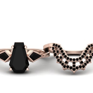 Antique Coffin Shaped Ring Set Coffin Cut Black Onyx Engagement Ring Set 14k Gold Onyx Wedding Ring Set For Women Bridal Anniversary RingSet