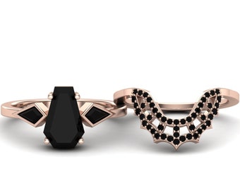 Conjunto de anillos antiguos en forma de ataúd, conjunto de anillos de compromiso de ónix negro con corte de ataúd, conjunto de anillos de boda de ónix de oro de 14 quilates para mujer, conjunto de anillos de aniversario nupcial