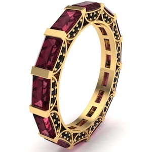 Antique Full Eternity Wedding Band Oval Cut Vintage Red Garnet Wedding Band Garnet Stacking Bridal Ring Solid Rose Gold Anniversary Gift Her