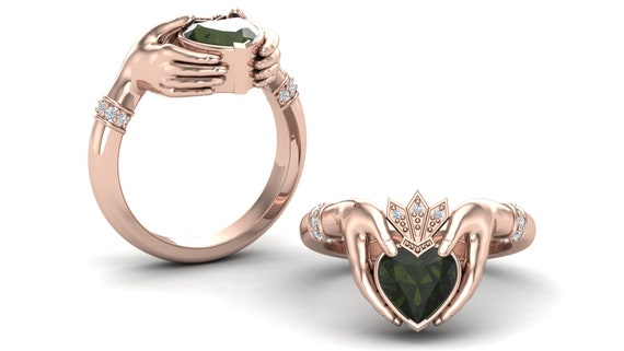 14k Gold Claddagh Engagement Ring Lab Moldavite Claddagh Ring Sterling Silver Claddagh Ring Anniversary Ring Gift For Women Promise Ring