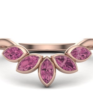 14k Gold Curved Wedding Band For Women Genuine Pink Tourmaline Engagement Ring Pink Gemstong Ring Unique Wedding Rings Anniversary Gift ring