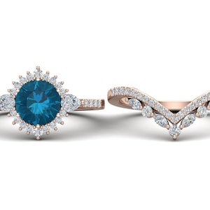 2pcs London Blue Topaz Engagement Ring Set 14k Rose Gold Blue Topaz Halo Wedding Ring Set November Birthstone Ring 2Piece Wedding Ring Set