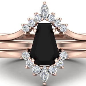 Antique Coffin Shaped Ring Set Coffin Cut Black Onyx Engagement Ring Set 14k Gold Onyx Wedding Ring Set For Women Bridal Anniversary RingSet