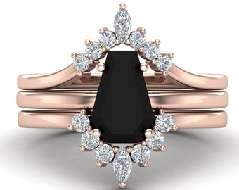 Set di anelli antichi a forma di bara, set di anelli di fidanzamento in onice nero con taglio a bara, set di anelli nuziali in onice oro 14k per donne, set di anelli per anniversario di matrimonio