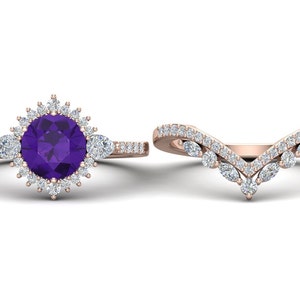 14k Gold Amethyst Engagement Ring Set For Women Purple Round Cut Amethyst Wedding Ring Set Art Deco Amethyst Bridal Ring Set Set Of 2 Ring