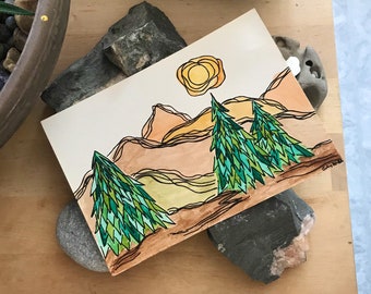 Landscape Watercolour Painting, Line Art, Original Watercolor Artwork, Mountain Painting