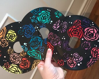 Small Roses Painting, Vinyl Record Art, Floral Artwork, Repurposed Vinyl Record, Trippy Painting