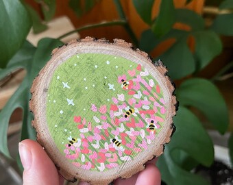 Mini pink garden painting, bumble bee artwork, pastel spring art, mini spring painting, floral artwork, mini flower art, spring painting