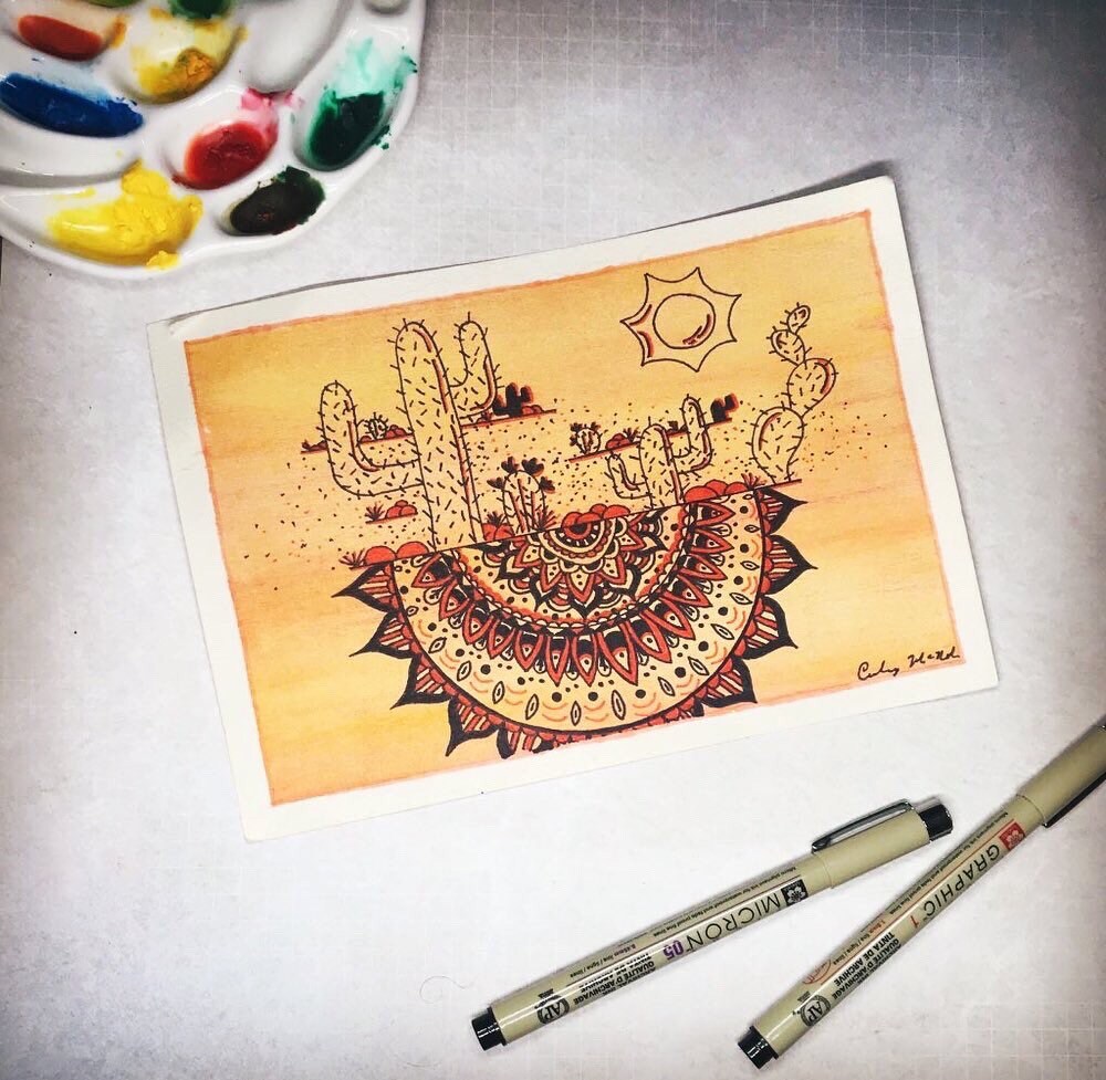 Desert Ink Drawing, Nature Mandala Doodle, Original Ink Drawing