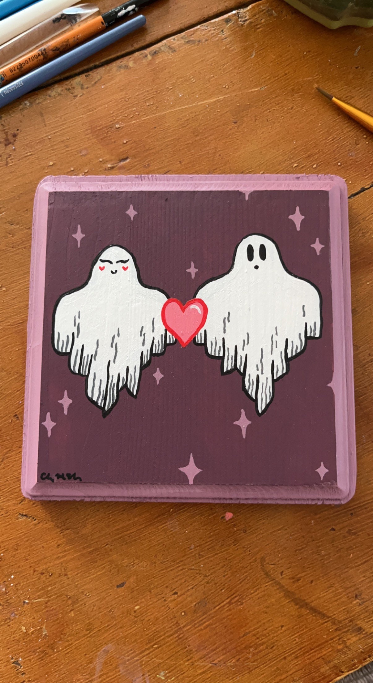 Ghost Art, Mini Artwork, Valentines Day Artwork, Mini Ghost Painting, Ghost Artwork, V-Day Painting, Mini Painting