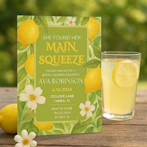 Editable &quot;She Found Her Main Squeeze&quot; Bridal Shower Invitation | Citrus Lemon | 5x7 Canva Template | Instant Download