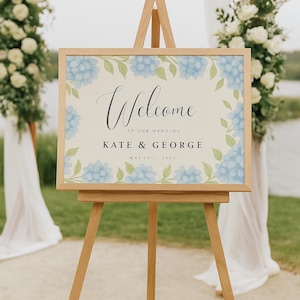 Hydrangea Wedding Welcome Sign Template | Editable 24x18 Canva Sign | Blue Floral Wedding Sign | Printable Welcome Sign Download