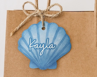 Etiquetas de regalo con conchas marinas en acuarela: Tarjetas de nombre para despedidas de soltera en la playa (plantilla imprimible, editable en Canva)