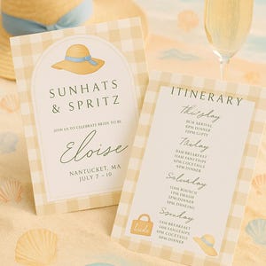 May include: Two invitation cards with a yellow gingham pattern, featuring the text "Sunhats & Spritz" and "Eloise" with a straw hat illustration. A champagne flute and a straw hat are also visible.