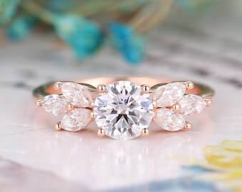 Round cut vintage C & C moissanite engagement ring unique rose gold ring marquise cut ring art deco prong set ring bridal promise ring