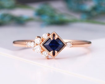 Vintage princess cut Sapphire engagement ring art deco moissanite diamond cluster ring Antique rose gold ring unique bridal anniversary ring