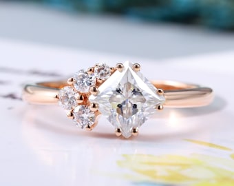 Art deco Princess cut moissanite engagement ring vintage rose gold unique round diamond cluster wedding ring anniversary ring promise ring