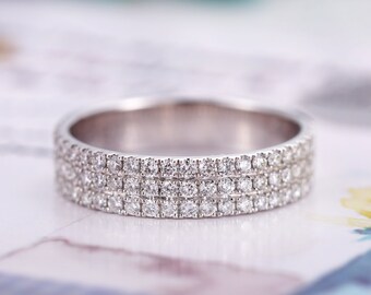 Vintage micro pave wedding band Art deco antique round Diamond / moissanite ring white gold wedding ring unique row ring anniversary