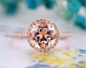 Round cut engagement ring Morganite rose gold ring antique vintage art deco ring Moissanite Diamond wedding ring Anniversary ring