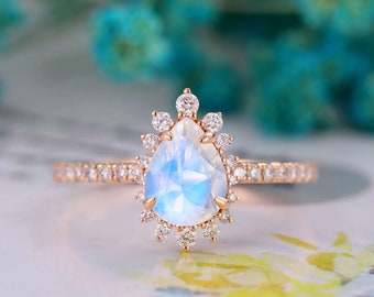 Vintage pear cut Moonstone engagement ring antique Diamond ring art deco Milgrain wedding ring rose gold ring Promise Anniversary ring
