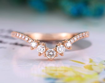 Curved wedding bands women Rose gold diamond ring moissanite paved band Vintage Half eternity wedding band chevron Anniversary promise ring