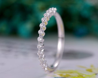 White gold round cut Diamond/moissanite wedding band Unique half eternity band vintage Art deco Bubble prong ring stacking matching ring