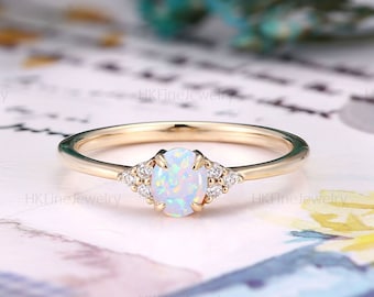 Vintage opal engagement ring yellow gold ring art deco prong set ring unique cluster ring oval cut opal anniversary bridal birthstone ring