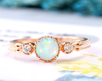 Vintage opal engagement ring rose gold wedding ring three stone round cut diamond ring art deco bridal ring Anniversary Promise ring