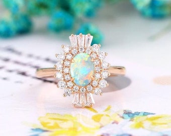 Vintage opal engagement ring art deco baguette cut diamond ring rose gold wedding ring unique double halo CZ Anniversary promise ring