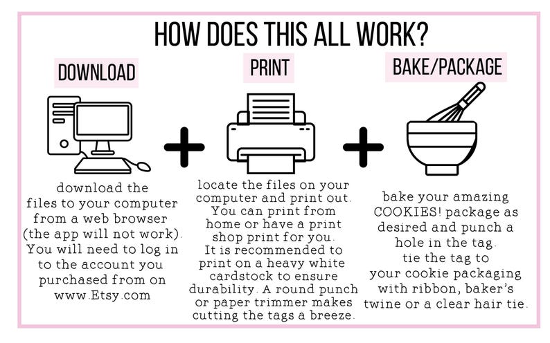 May include: A black and white illustration showing the steps to download, print, and bake cookies. The steps are labeled "Download", "Print", and "Bake/Package".