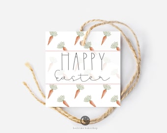 Printable Easter Cookie Tag - Happy Easter Watercolor Carrots Square -2" Easter Spring Gift Tag
