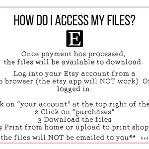 May include: A white text box with black text explaining how to access digital files purchased on Etsy. The text includes instructions on how to download files from an Etsy account using a web browser. The text also states that the files will not be emailed to the buyer. The text box has a pink border and a small black crescent moon with stars in the bottom right corner.