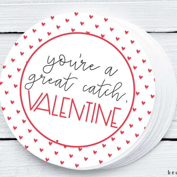 Printable Valentine's Day Cookie Tag - You're a Great Catch Valentine Cookie Tags Love Tag Goodie tag -2" Valentine's Day Gift Tag