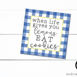 Étiquette à biscuits carrée imprimable de 2 po. - Vichy bleu citron quand la vie vous donne Lemons Eat Cookies Étiquette carrée Étiquette cadeau : 2 po.