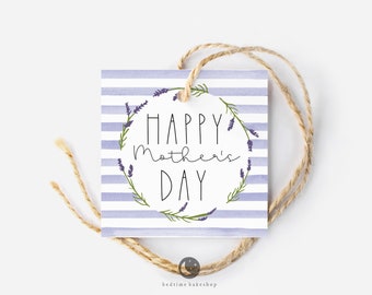 Printable Mother's Day Cookie Tag -  Watercolor Lavender Floral Square  Tag Goodie tag -2"