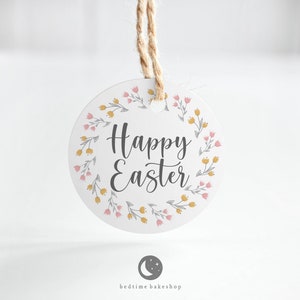 Printable 2" Round Easter Cookie Tag - Happy Easter Pastel Wreath Spring Cookie Packaging