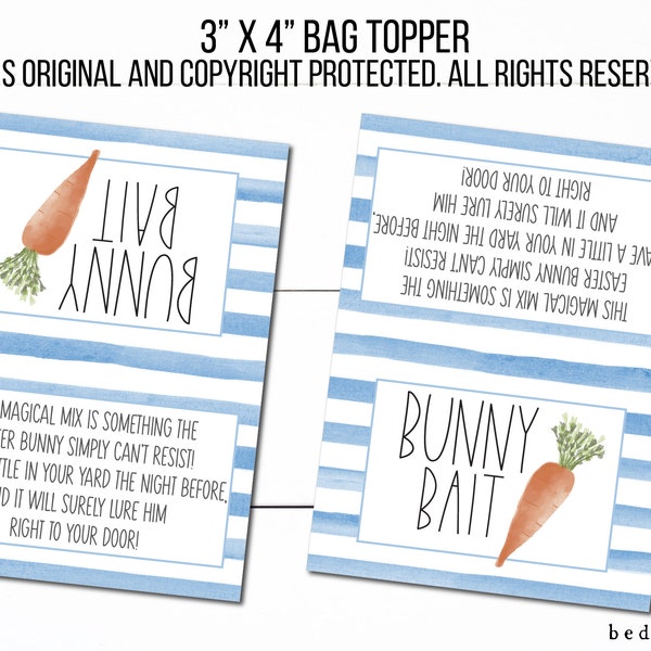 Printable 3"x 4" Blue Watercolor Stripes Carrot Bunny Bait Treat TopperPrintable Treat Bag Toppers- Original Poem Copyright Protected ©