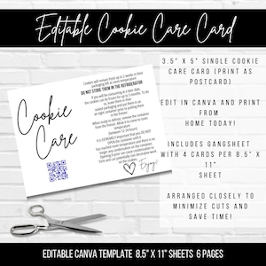 EDITABLE Printable Cookie Care Freezing Instruction Card - 3.5&quot; x 5&quot;-Freezing Cookie Tag editable Canva - Cookies