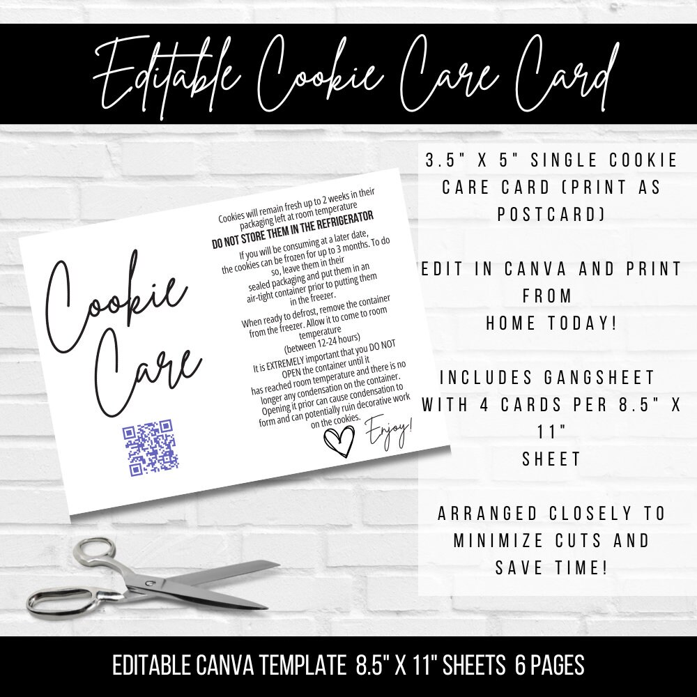 EDITABLE Printable Cookie Care Freezing Instruction Card - 3.5" x 5"-Freezing Cookie Tag editable Canva - Cookies