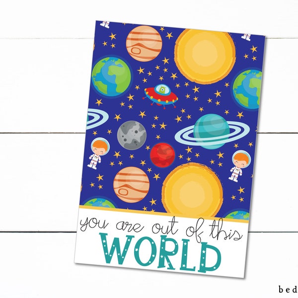 Printable Mini Cookie Card - 3.5" X 5" Happy Valentine's Day Space You Are Out of this World Blue Rocket Ships Cookie Packaging Mini Cookies