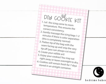Afdrukbare Pasen DIY Cookie Kit instructiekaart geruit - 3,5 x 5"- Bunny Ears afdrukbare lente cookie-tag - koekjes roze gingham