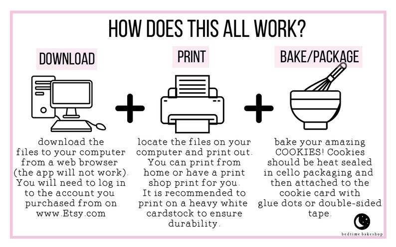 May include: A black and white illustration showing the steps to download, print, and bake cookies. The steps are labeled "Download", "Print", and "Bake/Package".