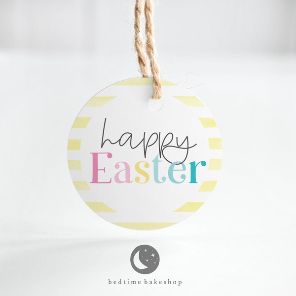 Printable 2" Round Easter Cookie Tag - Happy Easter Minimalist Light Yellow Watercolor Stripes Tag Spring Cookie Packaging