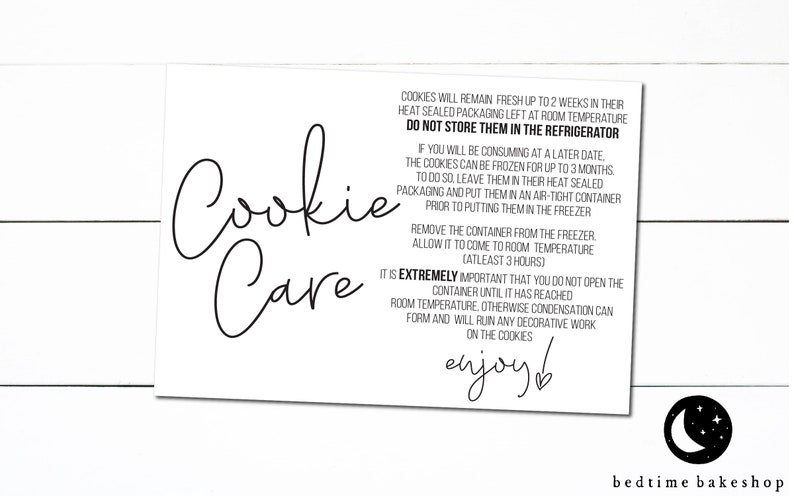 Printable Cookie Care Freezing Instruction Card - 3.5' x 5'-Freezing Cookie Tag - Cookies 