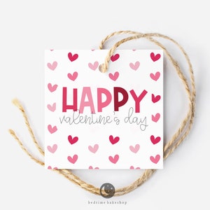 May include: White gift tag with a pink and red heart pattern. The tag says "Happy Valentine's Day" in pink and red letters.
