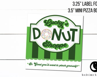 Printable 3.25" Square Mini Pizza Box Label - Lucky's Donut Shoppe Saint Patrick's Day Donut Cookies Square  Tag Goodie tag -3.25"