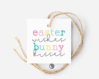 Printable Easter Cookie Tag - Easter Wishes Bunny Kisses Minimalist Square -2" Easter Spring Gift Tag