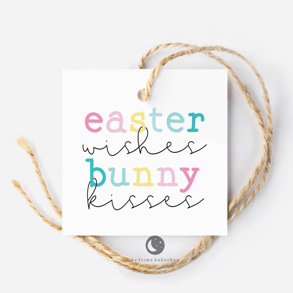 Printable Easter Cookie Tag - Easter Wishes Bunny Kisses Minimalist Square -2" Easter Spring Gift Tag