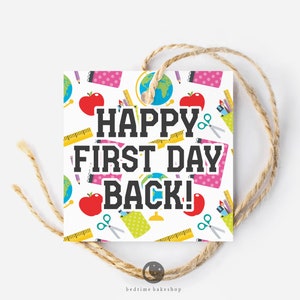 Printable 2&quot; Square Cookie Tag Welcome Back Happy First Day Back School Supplies Pink- Back to School - Tags Back to school cookies