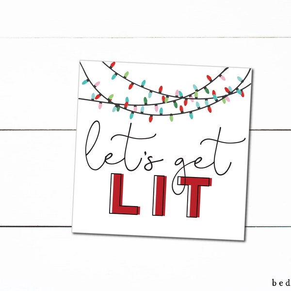 Printable 2" Square Christmas Cookie Tag - Let's Get Lit! Red Alcohol Wine Christmas Light/Tree Cookies Tag Christmas Tag Goodie tag -2"